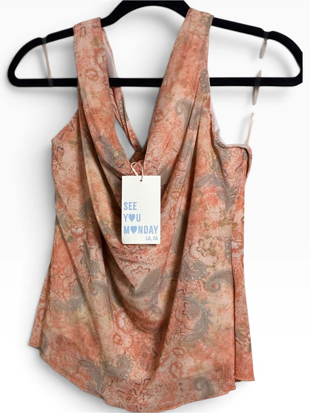 See You Monday Peach Paisley Cowl Neck Tank